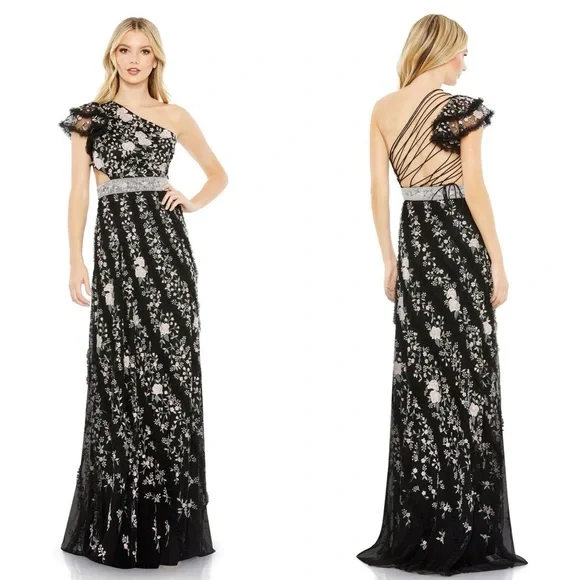 Mac Duggal Floral Embroidered One Shoulder Formal Open Back Gown - 4 - Picture 1 of 4